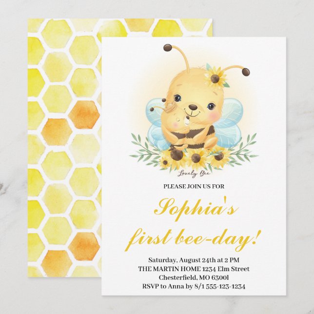 Primer Día de Abeja Abeja Abeja Primera Invitación (Anverso / Reverso)