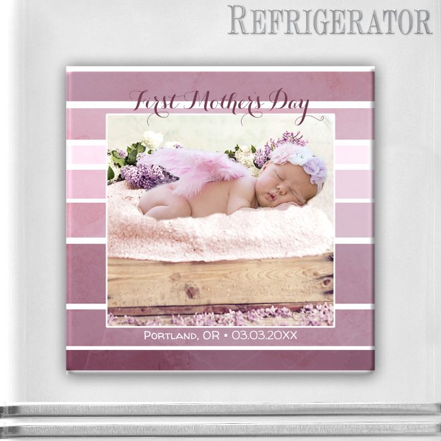 Primer Día de la Madre Lilac imprimió un imán de f (Photo magnet featuring your own photo framed by a mauve lilac striped design - Mother's Day gift)