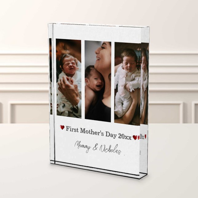 Primer Día de la Madre tres Collage de fotos (White First Mother's Day Three Photo Collage Photo Block)