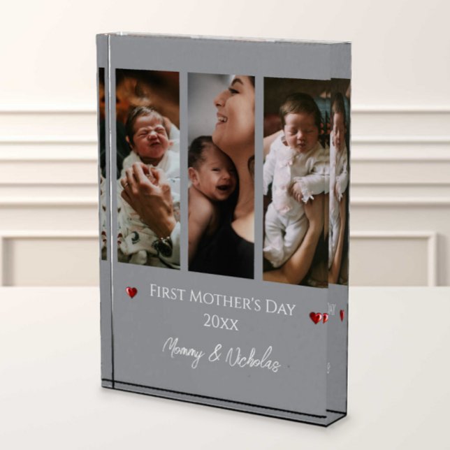 Primer Día de la Madre tres Collage de fotos | Gri (Gray First Mother's Day Three Photo Collage Photo Block)