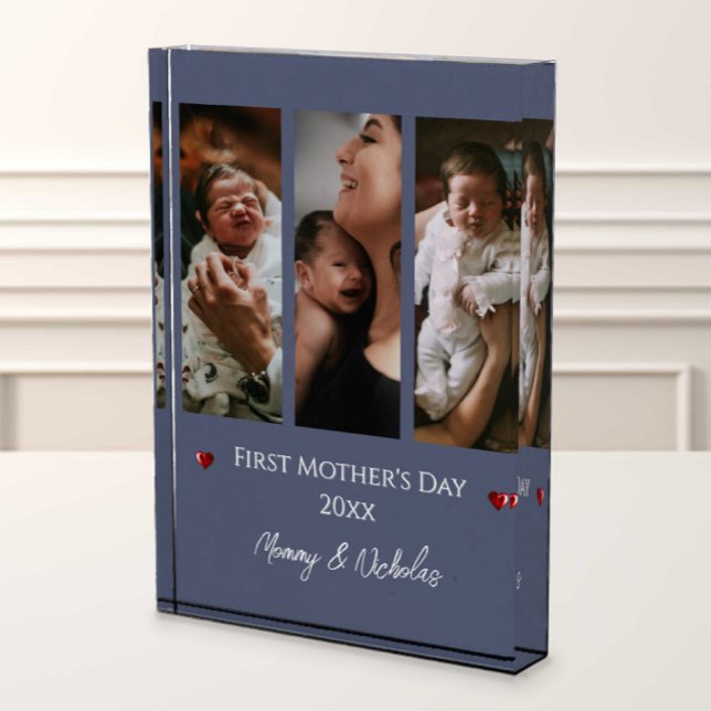 Primer Día de la Madre Tres Collages de fotos Azul (Blue First Mother's Day Three Photo Collage Photo Block)