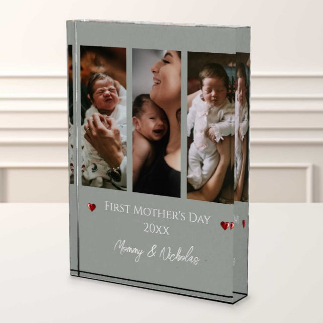 Primer Día de la Madre Tres Collages de fotos Sage (Sage Green First Mother's Day Three Photo Collage Photo Block)