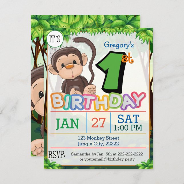 Primer Fiesta de cumpleaños - Invitación en mono (Anverso / Reverso)