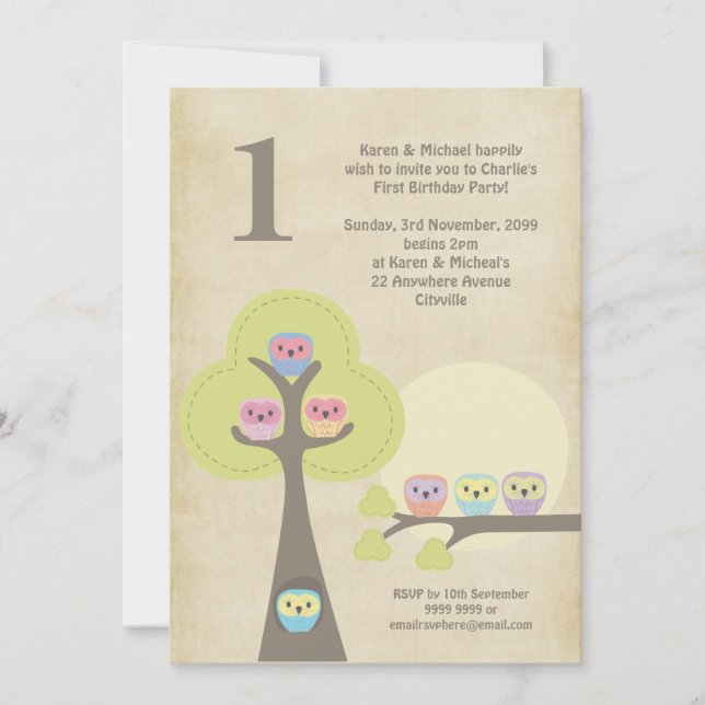 Primer Fiesta nocturno búhos con una invitación cu (Anverso)