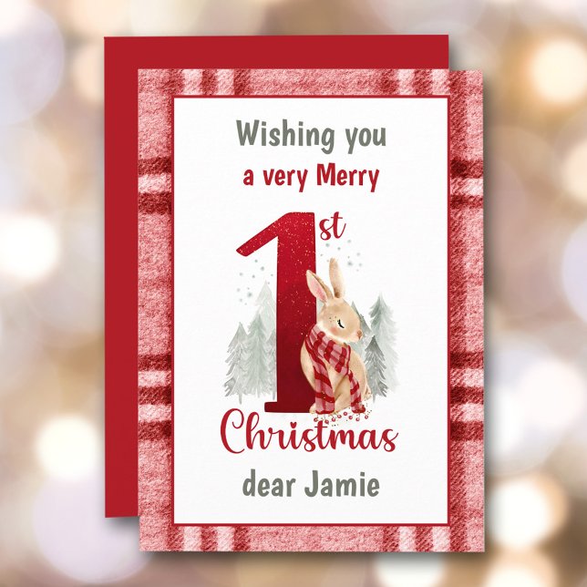 Primer juego de conejito para bebés de Navidad (First Christmas Baby Cute Bunny Plaid Holiday Card)