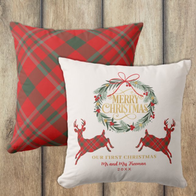 Primer Navidad Almohada Cuadrada de Plaid Rojo Sr  (Christmas Keepsake Throw Pillow)