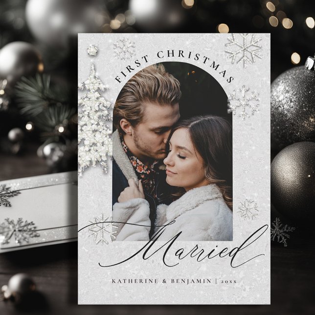 Primer Navidad Casados Brillos Arco Boho Foto (christmas card first married couple black white glitter sparkle boho arch modern minimalist)