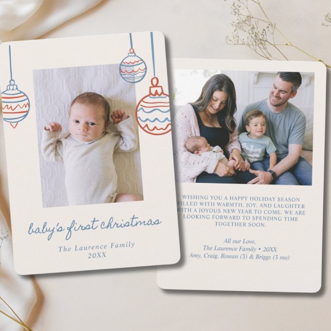 Primer Navidad del bebé Ornamento azul y rojo 2 Fo (Baby's 1st Christmas Blue & Red Ornament 2 Photo Holiday Card)