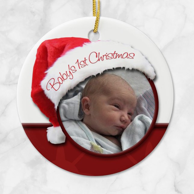 Primer Navidad del bebé - Ornamento de fotos de Sa (Baby's 1st Christmas - Santa Hat Photo Ornament at Starzraven.)