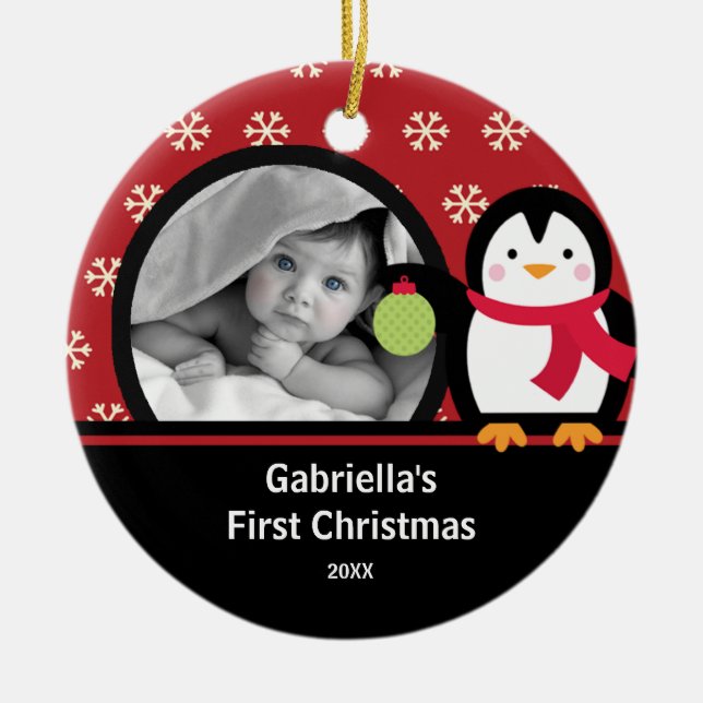 Primer ornamento de Navidad con foto de bebé Pingü (Frente)