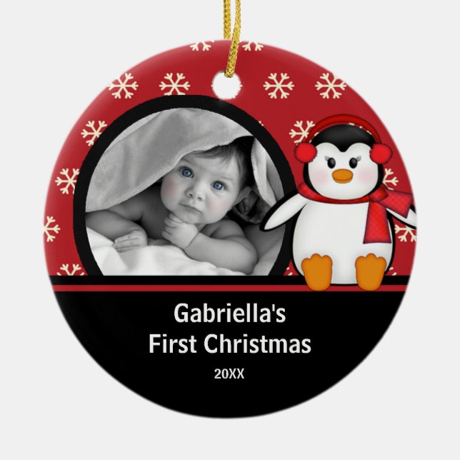 Primer ornamento de Navidad con foto de bebé Pingü (Frente)