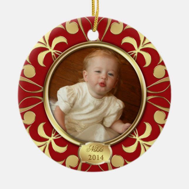 Primer ornamento del navidad del bebé rojo de la (Frente)