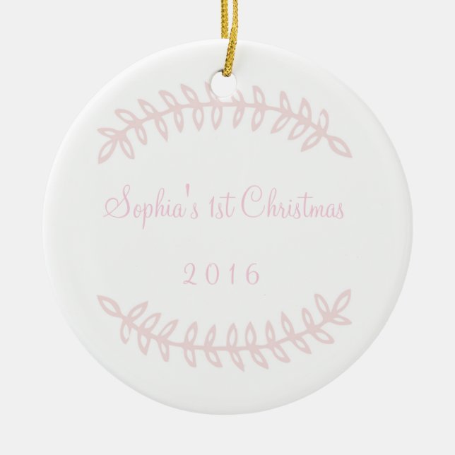 Primer ornamento del navidad del bebé rosado de la (Frente)