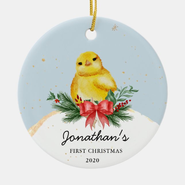 Primer ornamento navideño de bebé de pollo (Frente)
