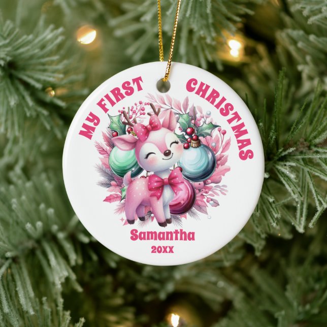 Primer ornamento navideño de bebé de renos rosados (Árbol)