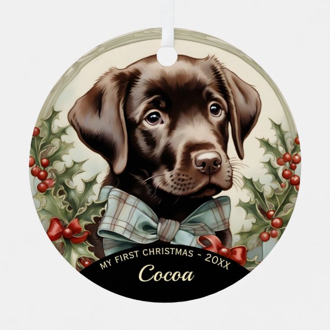 Primer ornamento navideño de Chocolate Lab Puppy (Anverso)
