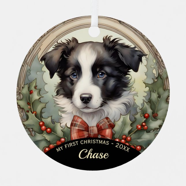 Primer ornamento navideño de Collie Puppy (Anverso)