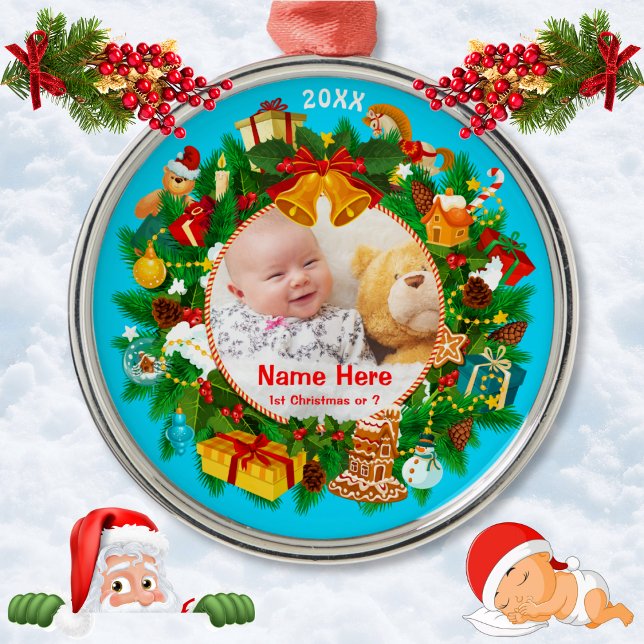 Primer ornamento navideño del bebé con foto (Baby's 1st Christmas Ornament. Baby's First Christmas Ornaments. New Baby Gifts with Photo. Babies.)