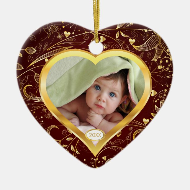 Primer oro del corazón del ornamento de la foto (Frente)