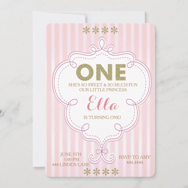 Primer oro del cumpleaños e invitaciones rosadas (Anverso)