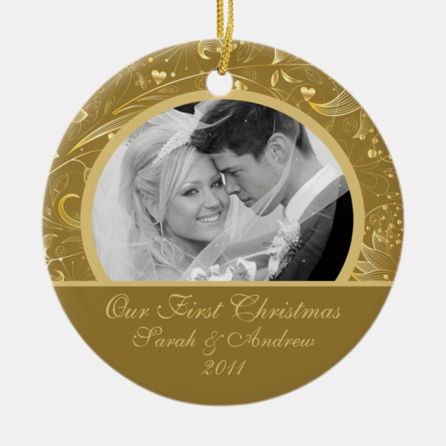 Primer oro del ornamento de la foto del navidad (Frente)