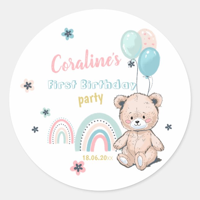 Primer Pegatina de cumpleaños con un lindo oso de  (Anverso)