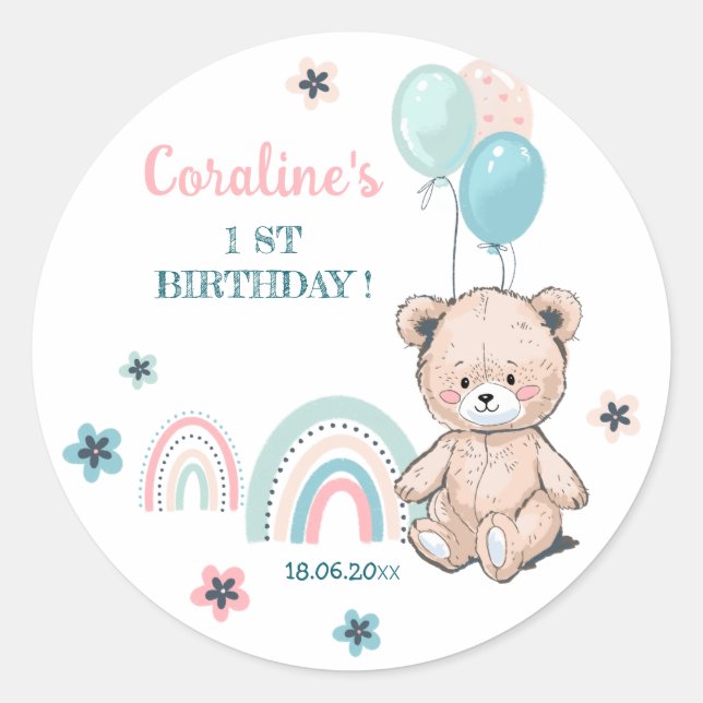 Primer Pegatina de cumpleaños con un lindo oso de  (Anverso)