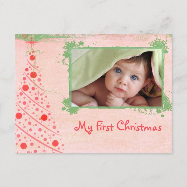 Primer Postal de fotos navideñas de árbol rosa y v (Anverso)