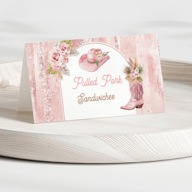 Primer Rodeo Rosado de Boho Primer Etiqueta de Com (Pink Boho First Rodeo 1st Birthday Food Label Place Card)