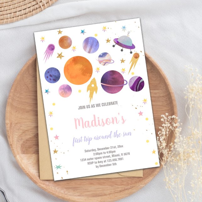 Primer viaje alrededor de la invitación al cumplea (First Trip round the sun Birthday Invitations)