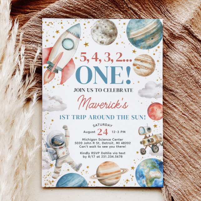 Primer viaje alrededor de la invitación al cumplea (First Trip Around the Sun Birthday Invitation - Boy 1st Birthday - Outer Space Birthday Party)