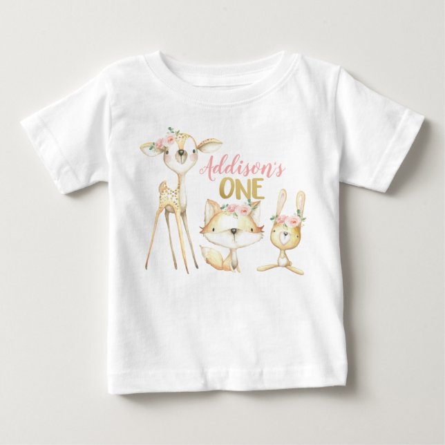 Primera camiseta de cumpleaños de Pink Floral Wood (Anverso)