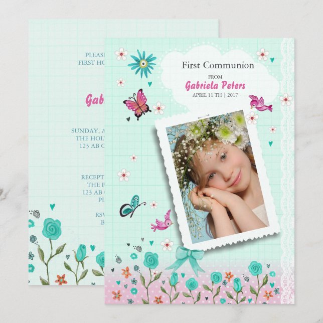 Primera Comunión Floral | Invitaciones de Foto (Anverso / Reverso)