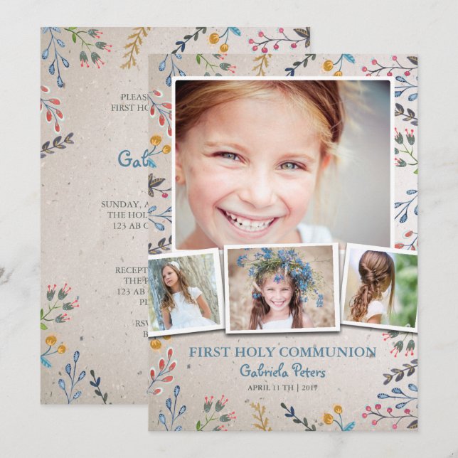 Primera Comunión Floral | Invitaciones de Foto (Anverso / Reverso)