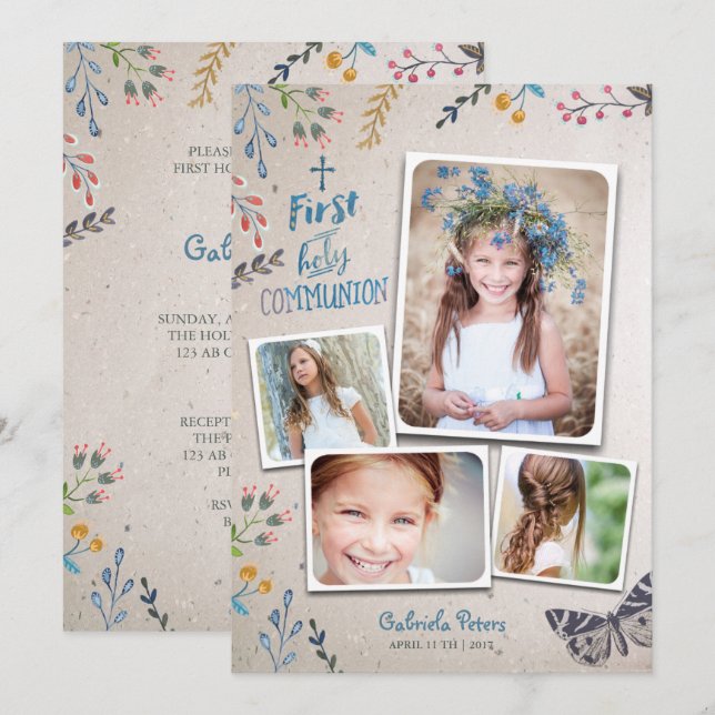 Primera Comunión Floral | Invitaciones de Foto (Anverso / Reverso)