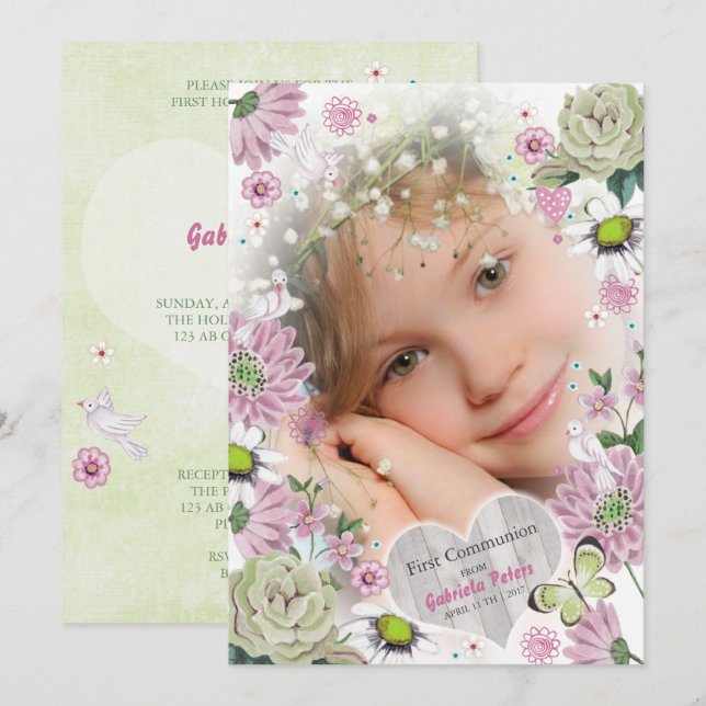 Primera Comunión Floral | Invitaciones de Foto (Anverso / Reverso)