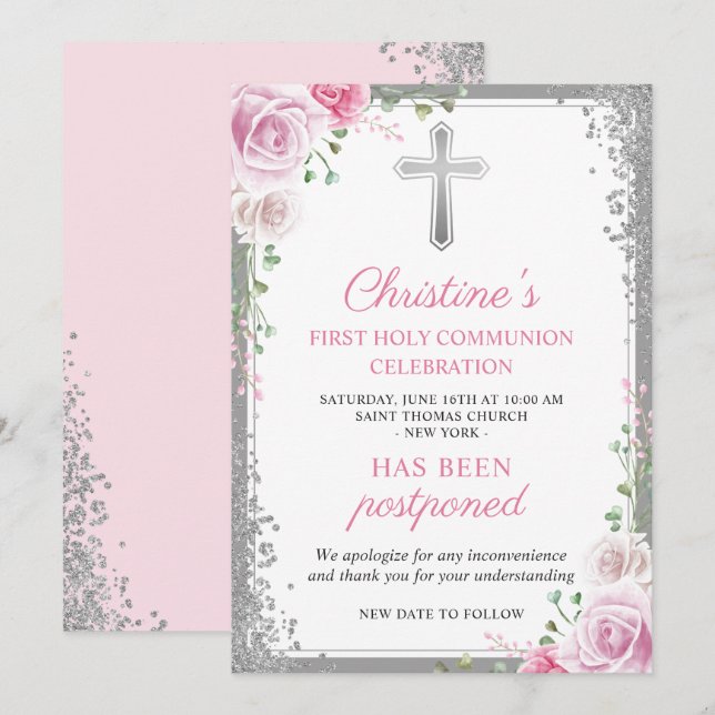 Primera comunión floral rosa de Invitación pospues (Anverso / Reverso)