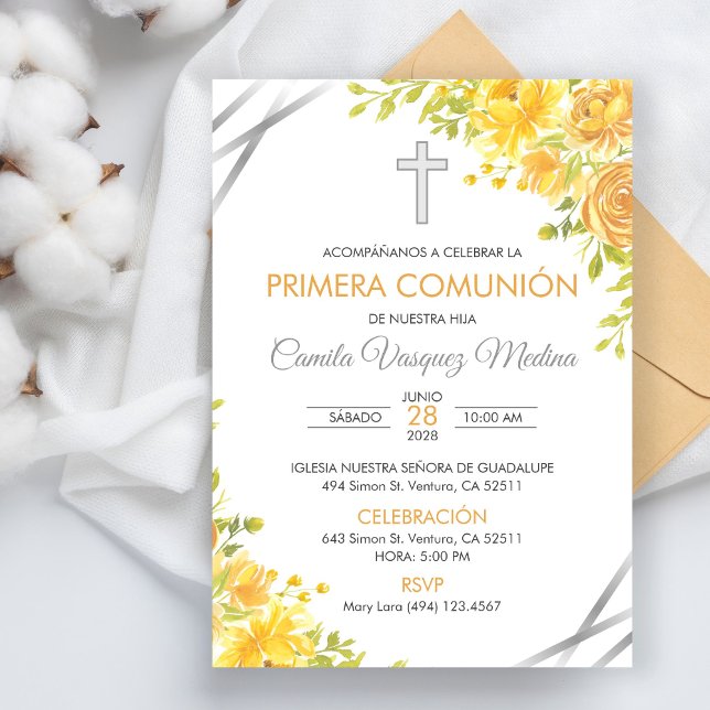 Primera Comunion Invitación Cute Flores Amarillas (Subido por el creador)