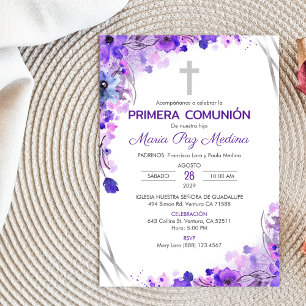 Primera Comunion Invitación Cute Flores Púrpura