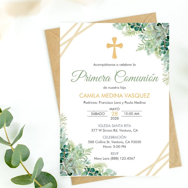 Primera Comunion Invitación Cute hojas verdes (Subido por el creador)