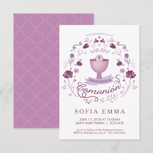 Primera Comunión Invitación - español, chica (Anverso / Reverso)