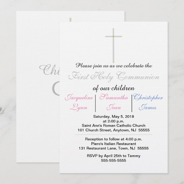 Primera Comunión Invitación Trillizos Rosa Azul (Anverso / Reverso)