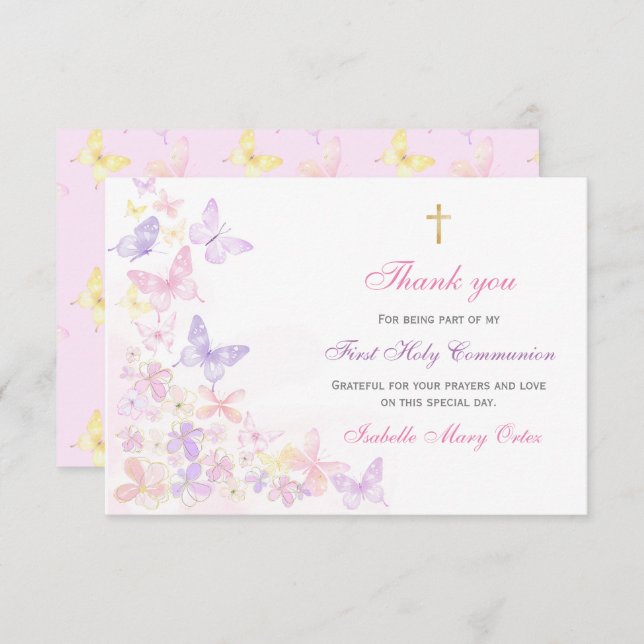 Primera Comunión Mariposa Rosa Niña Gracias (Anverso / Reverso)