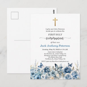 Primera Comunión Niño Cruz de Oro Invitación Flora