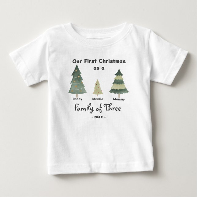 Primera familia navideña de tres camisetas bebé (Anverso)
