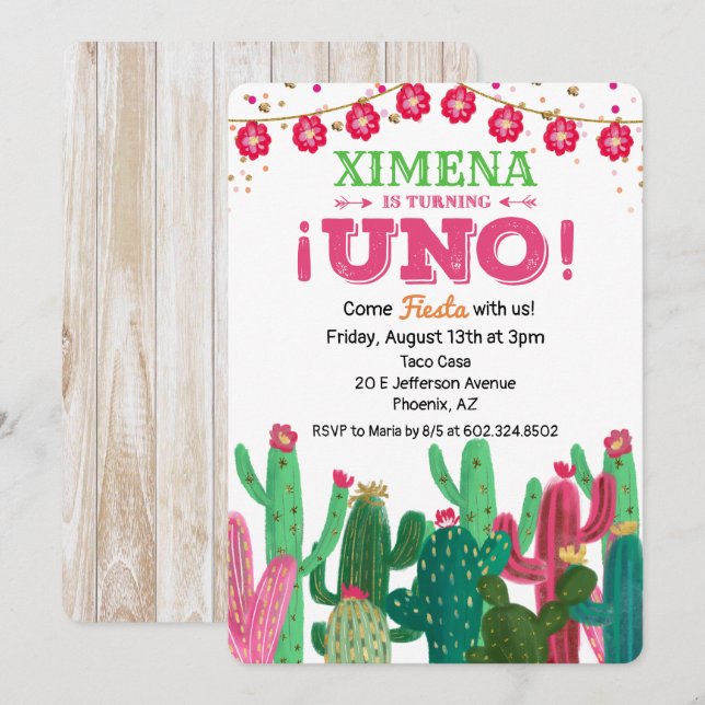 Primera Fiesta de Cumpleaños 1er Cactus Invitación (Anverso / Reverso)