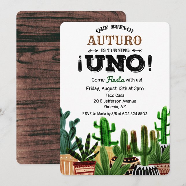 Primera Fiesta de Cumpleaños 1er Cactus Invitación (Anverso / Reverso)