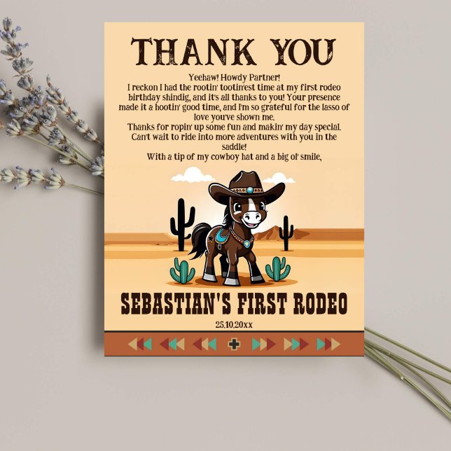Primera fiesta de cumpleaños de rodeo tarjeta de a (First rodeo birthday party thank you cards cute cowboy horse wild west themed birthday thank you)