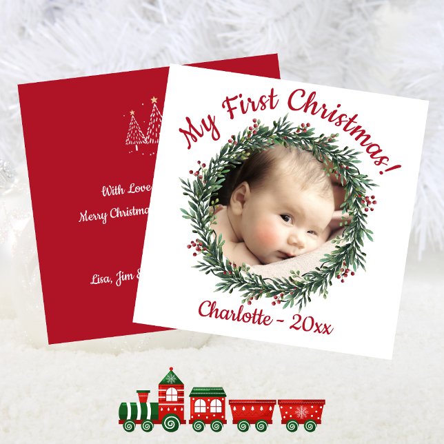 Primera foto de Navidad del bebé con nombre y (Baby's First Christmas Photo with Name and Holiday Card)