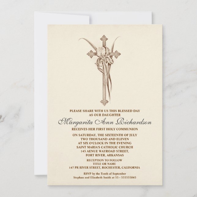 Primera invitación a la comunión - cruz elegante (Anverso)